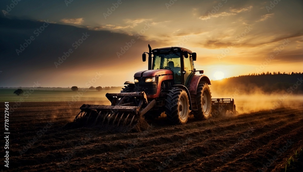 Fototapeta premium tractor at sunset
