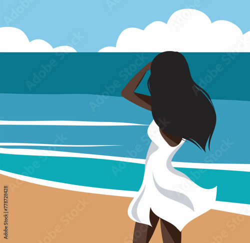 Vector flat simple illustration of a girl on vacation. Illustration on the theme of tourism, summer. A young tanned girl in a white dress walks along the beach, covering her face with her hair.