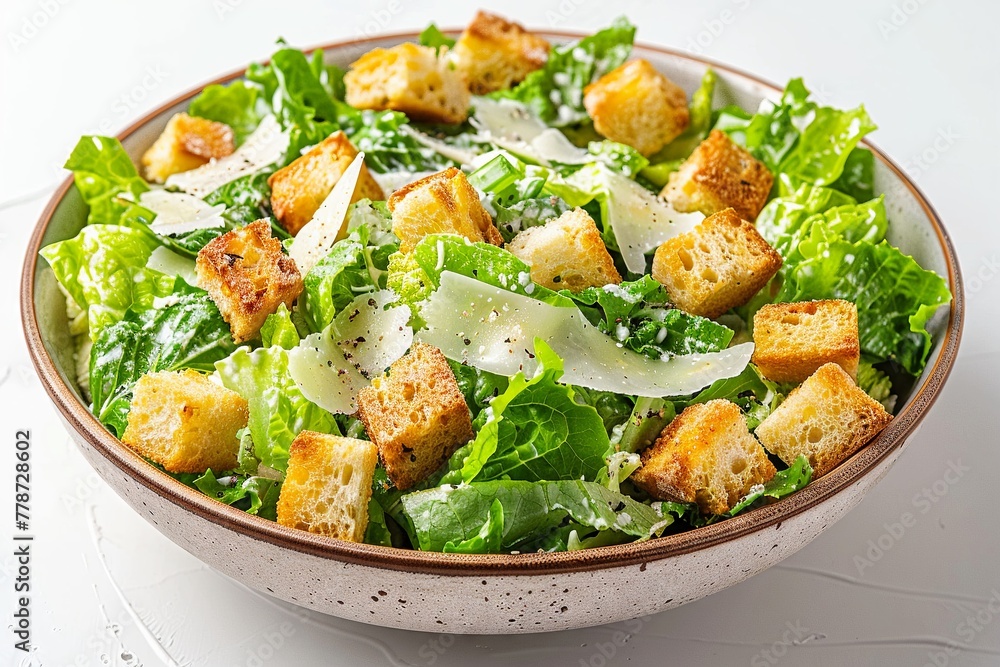 A classic Caesar salad topped with croutons and shaved Parmesan A classic Caesar salad topped with croutons and shaved Parmesan