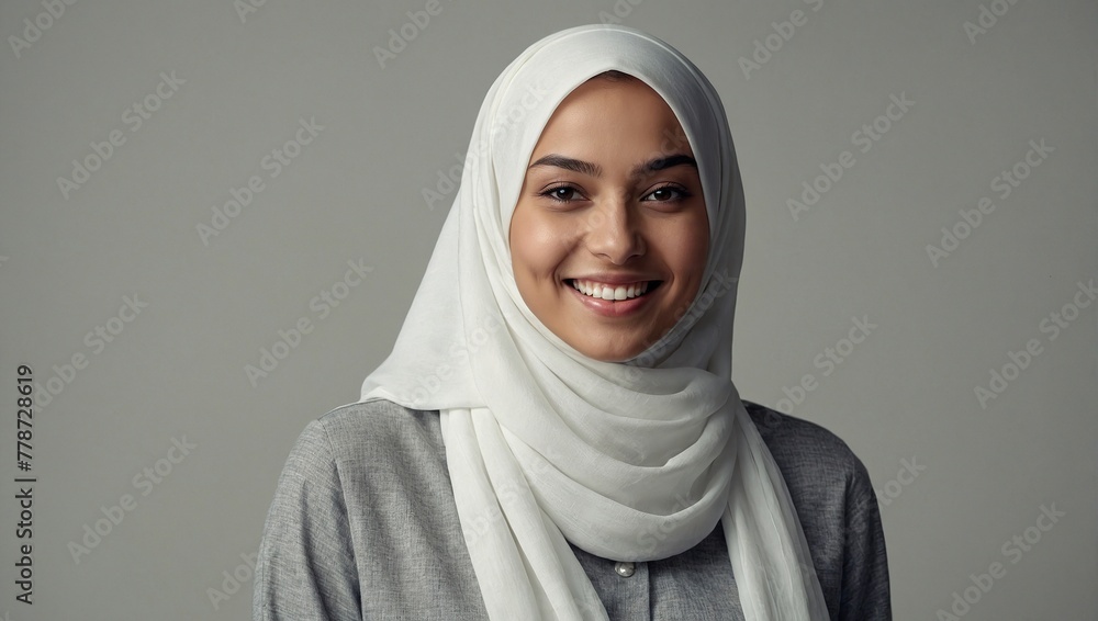 Studio shot of smiling young woman wearing white hijab Studio shot of smiling young woman wearing white hijab
