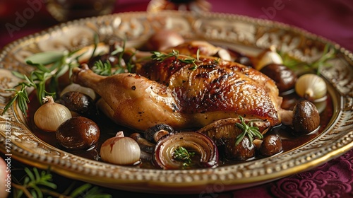 An elegant plate of coq au vin with mushrooms and onions