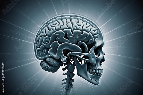 Illustration of the human brain superimposed over an x-ray of the skull