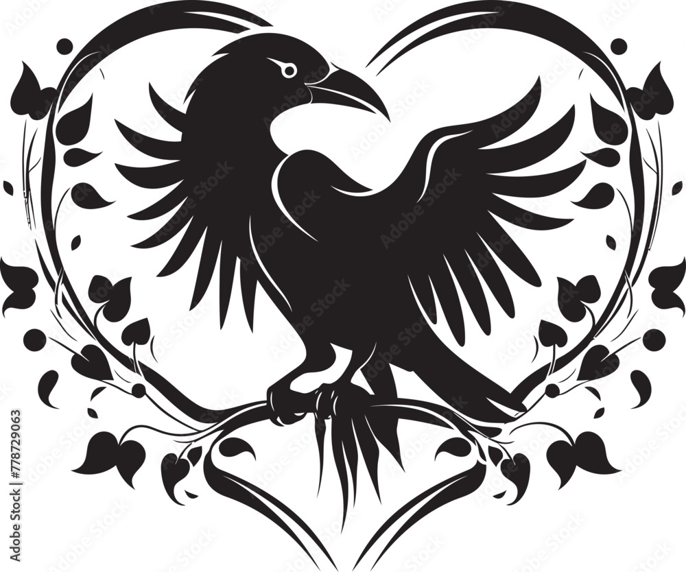 Fototapeta premium Ravens Embrace Heart Symbol with Perched Bird Design Hearts Guardian Raven Perched on Heart Icon