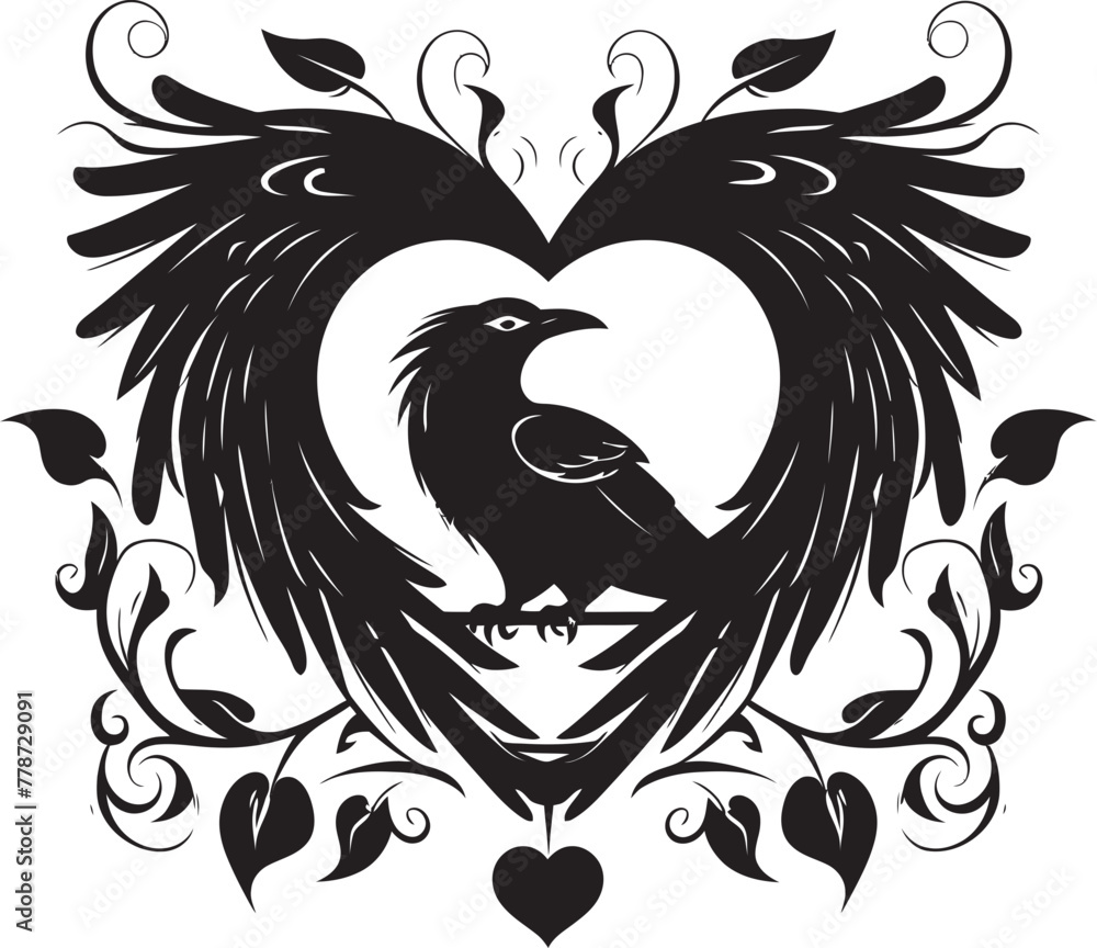 Fototapeta premium Loves Watcher Iconic Raven Symbol with Heart Guardian of Souls Heart Symbol with Perched Bird Emblem