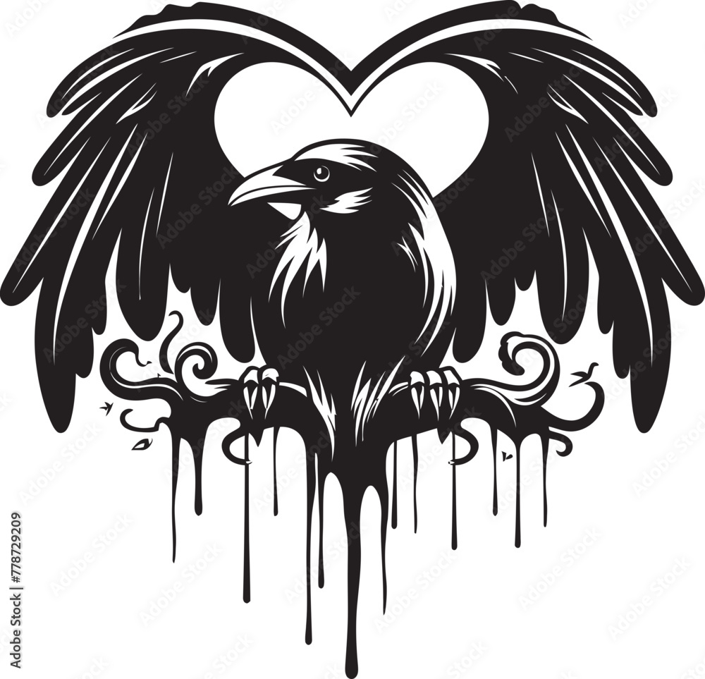 Fototapeta premium Guardian of Love Heart Symbol with Perched Bird Icon Hearts Companion Iconic Raven Perched Emblem