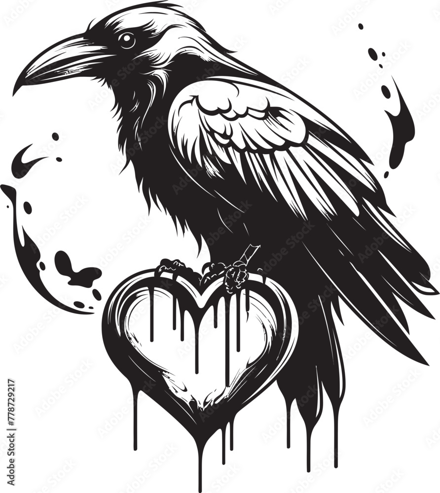 Naklejka premium Devotions Guardian Raven Perched Vector Logo Design Wings of Affection Iconic Raven Symbol with Heart
