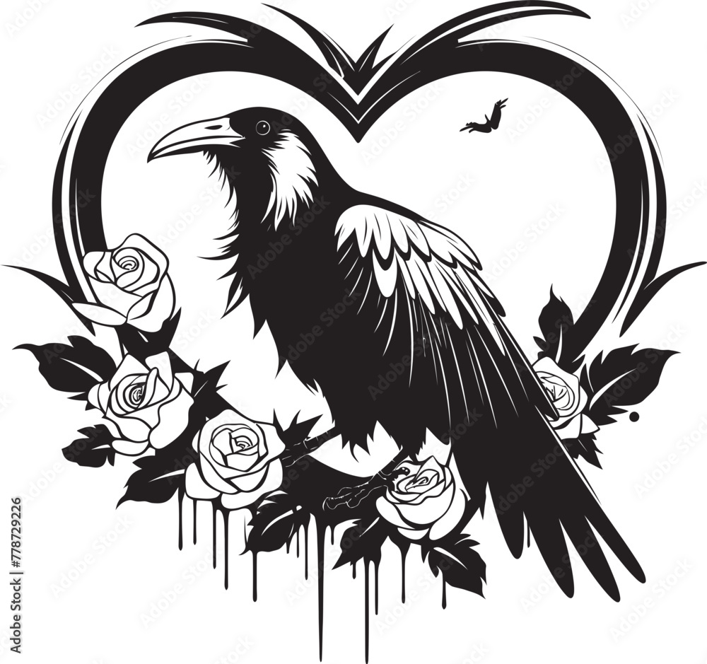 Fototapeta premium Wings of Affection Iconic Raven Symbol with Heart Guardian of Love Heart Symbol with Perched Bird Icon