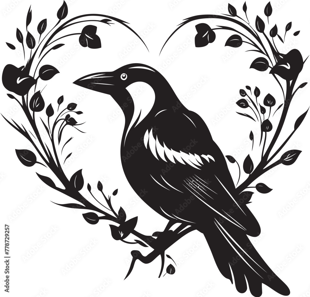 Fototapeta premium Ravens Embrace Heart Symbol with Perched Bird Logo Devotions Guardian Iconic Raven Perched Emblem