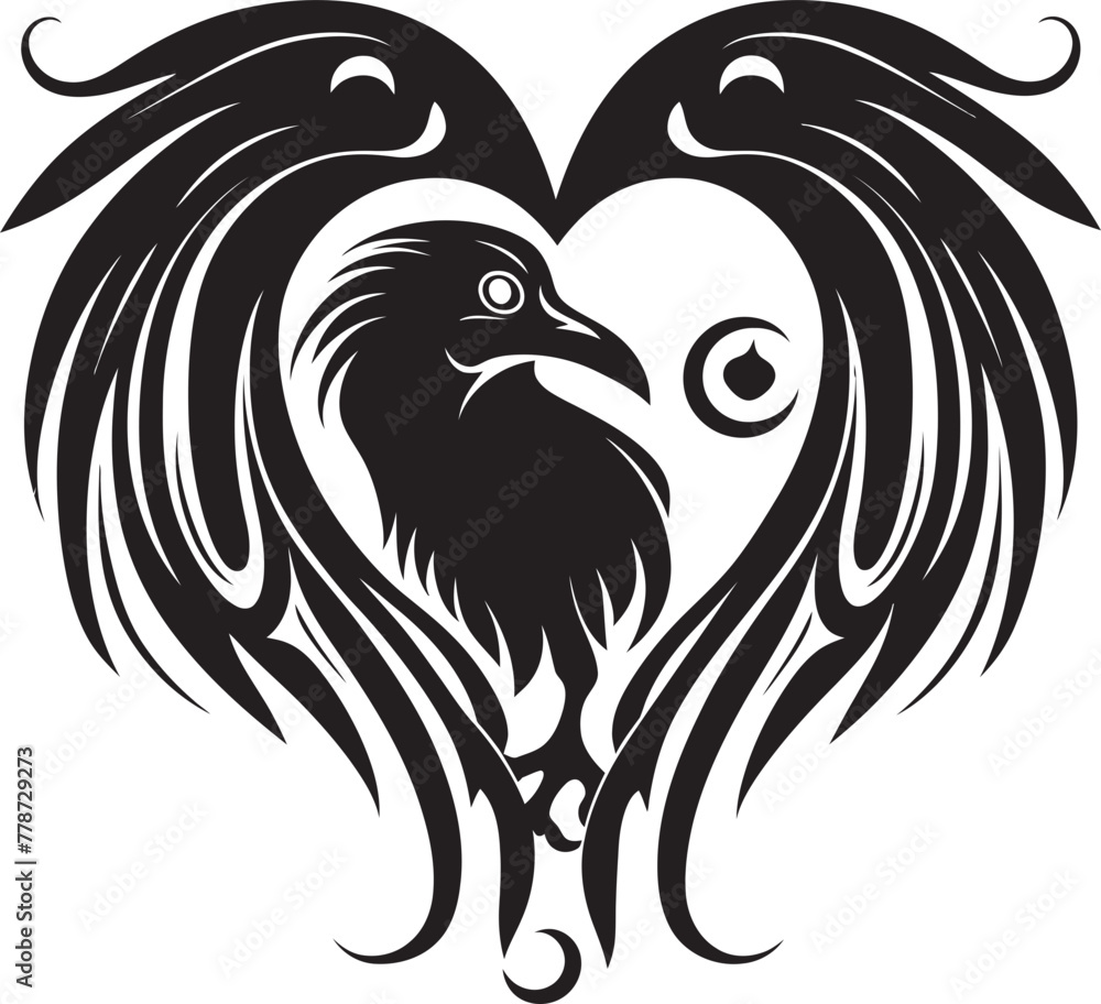 Fototapeta premium Loves Watcher Raven Symbol with Heart Icon Ravens Embrace Heart Symbol with Perched Bird Logo