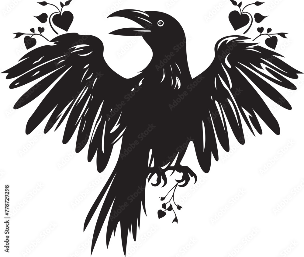 Naklejka premium Hearts Guardian Vector Logo Design with Perched Raven Raven Affection Heart Vector Logo with Perched Bird Icon