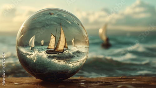 a ship in a glass ball close-up