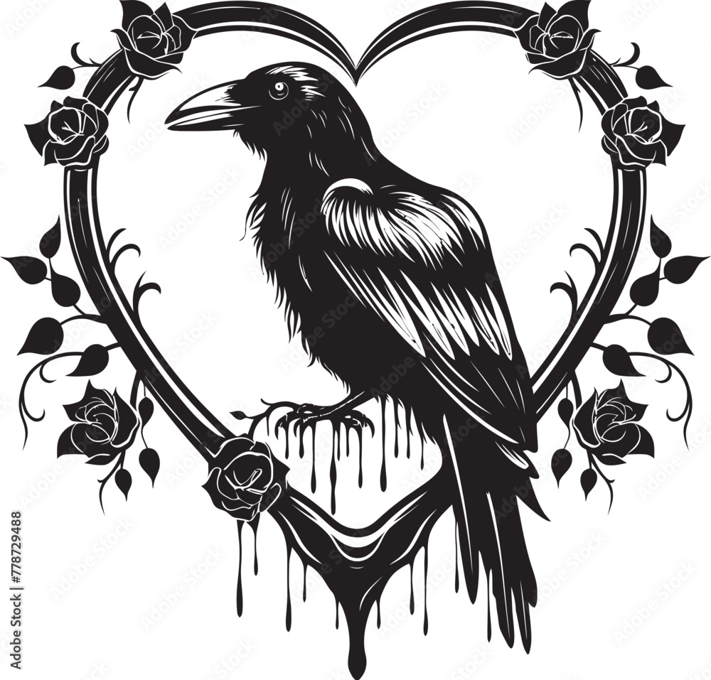 Fototapeta premium Guardian of Affection Iconic Raven Symbol with Heart Hearts Companion Raven Symbol with Perched Bird Vector Logo