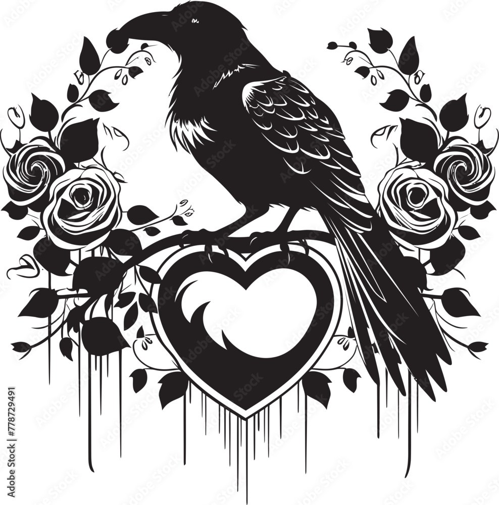 Fototapeta premium Wings of Love Raven Perched on Heart Icon Guardian of Affection Iconic Raven Symbol with Heart