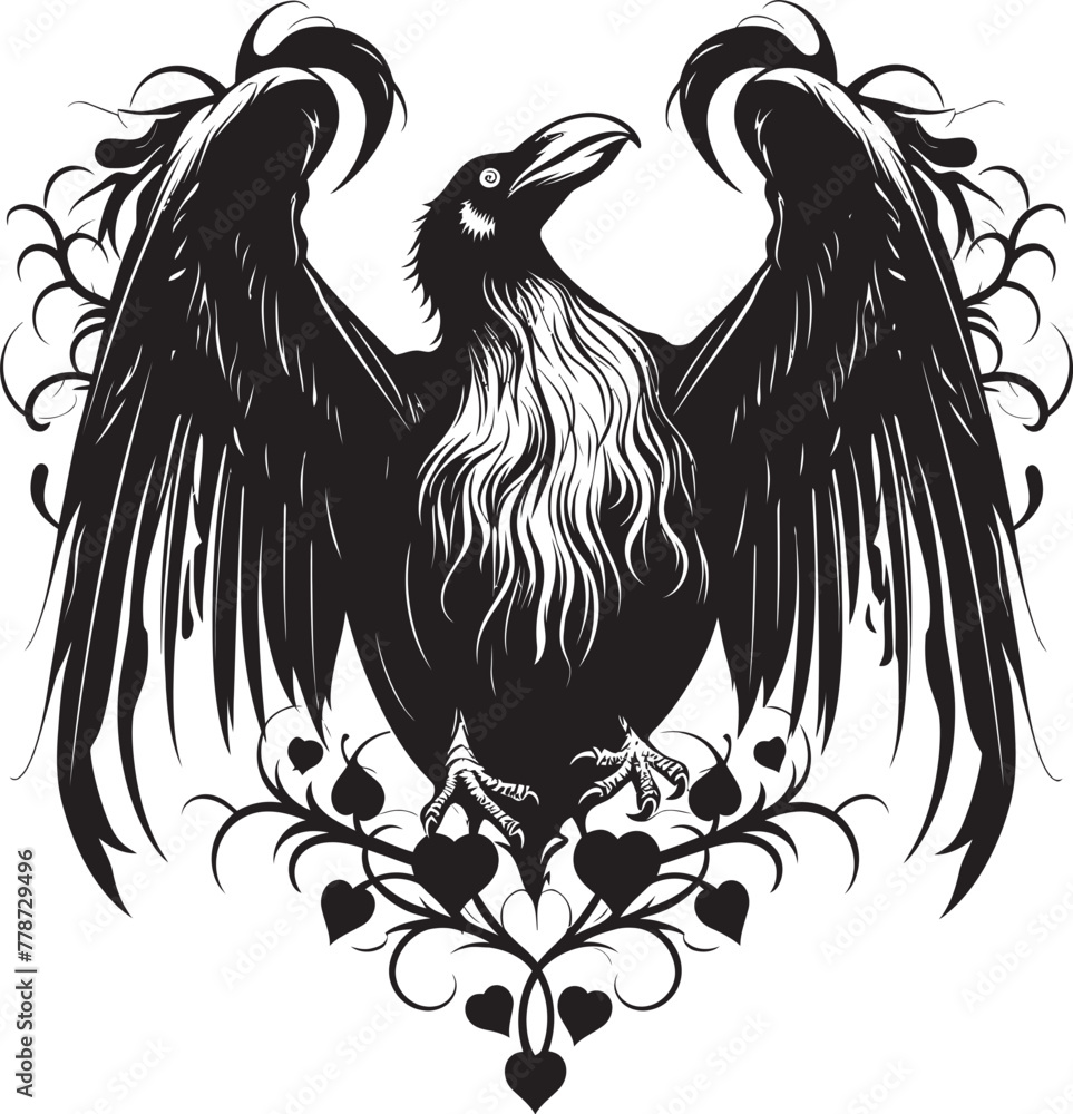 Fototapeta premium Hearts Companion Raven Symbol with Perched Bird Vector Logo Eternal Devotion Heart Symbol with Perched Bird Design