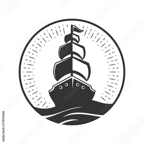 Vintage Retro Circular Sun Ocean Wave with Dhow Ship or Sailing Boat for Nautical