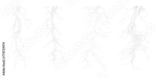Lightning and thunder effect light, , magic electricity hit and thunderbolt effect isolated on transparent png.
