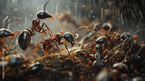 Ant Colony, unified strength, organized society, ants working together to build their intricate tunnels, in the midst of a gentle rain shower photo