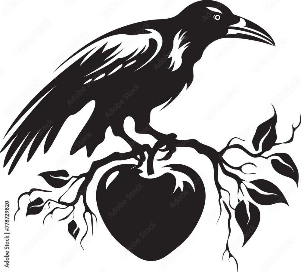Naklejka premium Devotions Guardian Raven Symbol with Perched Bird Icon Eternal Wings Raven Perched on Heart Vector