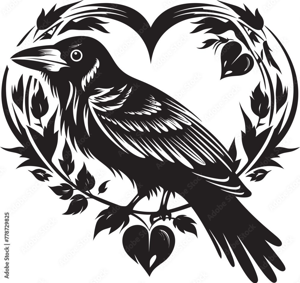 Naklejka premium Eternal Wings Raven Perched on Heart Vector Heartfelt Connection Iconic Raven Symbol with Heart