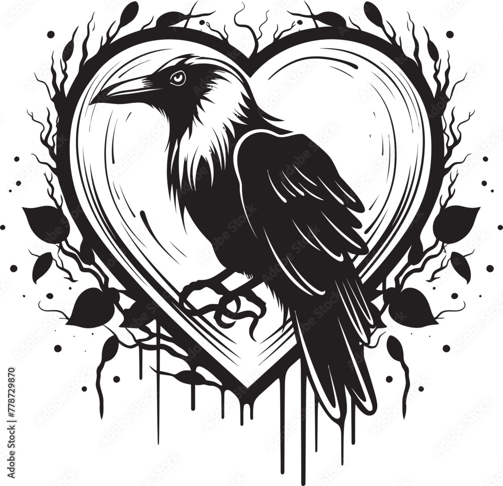 Naklejka premium Ravens Nest Iconic Vector Logo Design with Perched Bird Heartfelt Connection Heart Vector Logo with Perched Raven