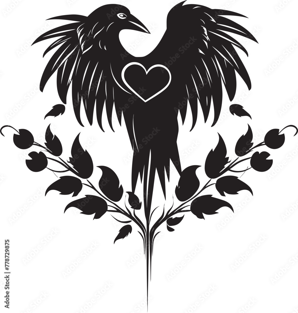 Fototapeta premium Ravens Rest Iconic Perched Bird Emblem Raven Heartbeat Vector Logo Design with Perched Raven