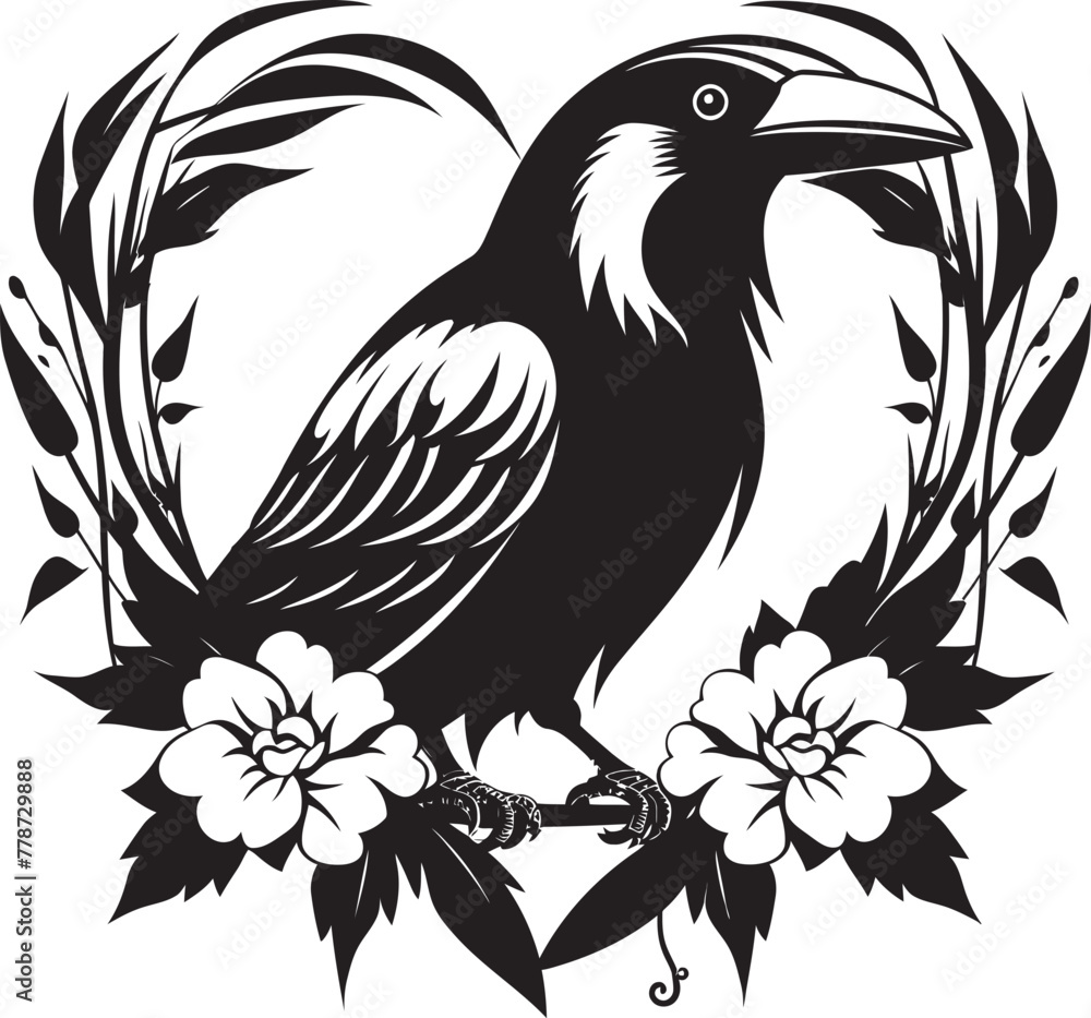 Naklejka premium Raven Affection Iconic Vector Logo with Perched Bird Heartfelt Raven Heart Vector Logo Design with Perched Bird Icon