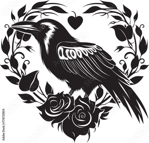 Heartfelt Raven Iconic Vector Logo Design Ravens Reverie Heart Vector Logo with Perched Bird Icon