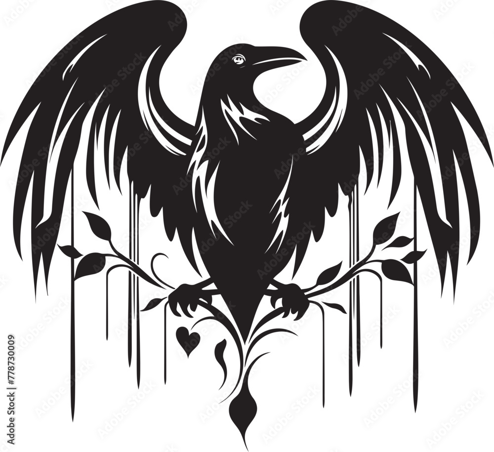 Naklejka premium Wings of Affection Raven on Heart Symbol Logo Ravens Affection Heart Vector Logo with Perched Bird Icon