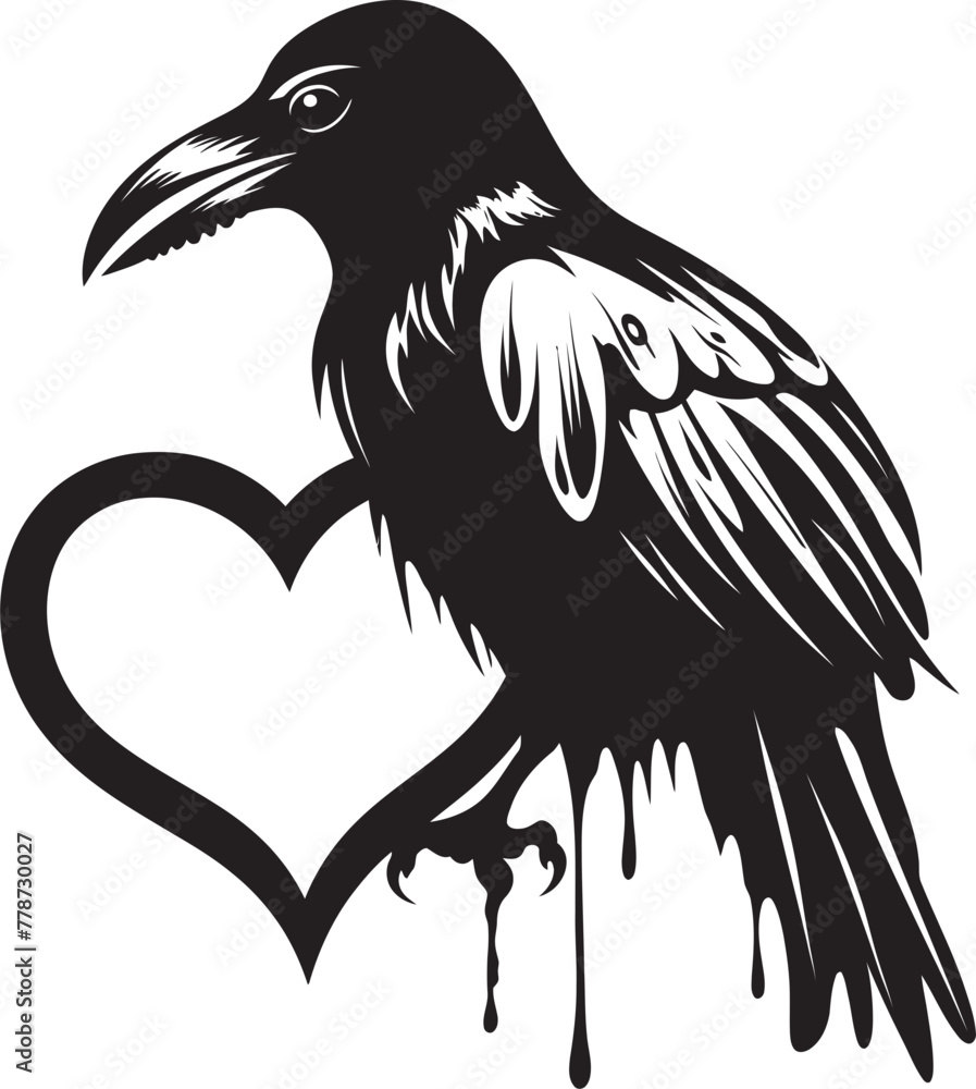 Fototapeta premium Ravens Devotion Heart Symbol with Perched Bird Icon Heartfelt Guardian Raven Perched Vector Logo
