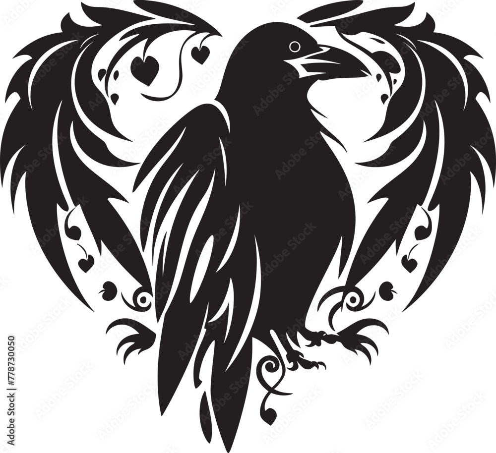 Loves Watcher Raven Vector Logo Design with Heart Heartfelt Connection Raven Perched on Heart Icon Loves Watcher Raven Vector Logo Design with Heart Heartfelt Connection Raven Perched on Heart Icon