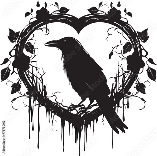 Ravens Affection Heart Vector Logo with Perched Bird Icon Sentinel of Emotions Raven Perched on Heart Icon