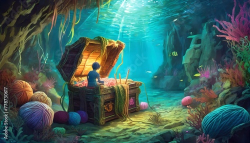 A whimsical scene set in an underwater cave illuminated by the glowing light of bioluminescent plants and creatures. In the center photo