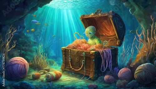 A whimsical scene set in an underwater cave illuminated by the glowing light of bioluminescent plants and creatures. In the center