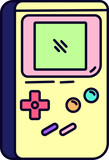 A yellow game controller with a pink and green screen. The controller is designed to look like a retro style video game