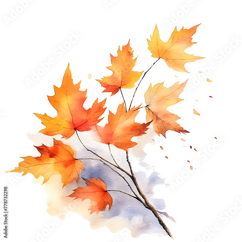 twig with autumn leaves in watercolor painting desgin isolated against transparent background
