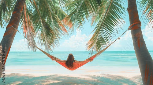 A young woman in a beach hat lies on a summer sunbed among tropical palm trees and a sea view. Summer vacation, beach holiday and relaxation, alone with yourself