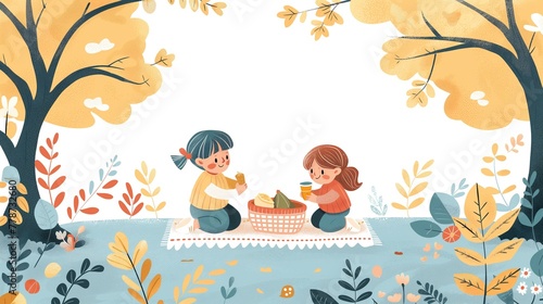 Two girls girlfriends on a picnic with a tablecloth and a basket of food having fun in the park