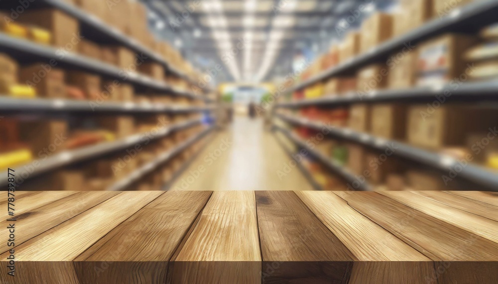 Empty wooden table with blurred supermarket background 