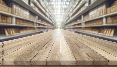 Empty wooden table with blurred supermarket background 