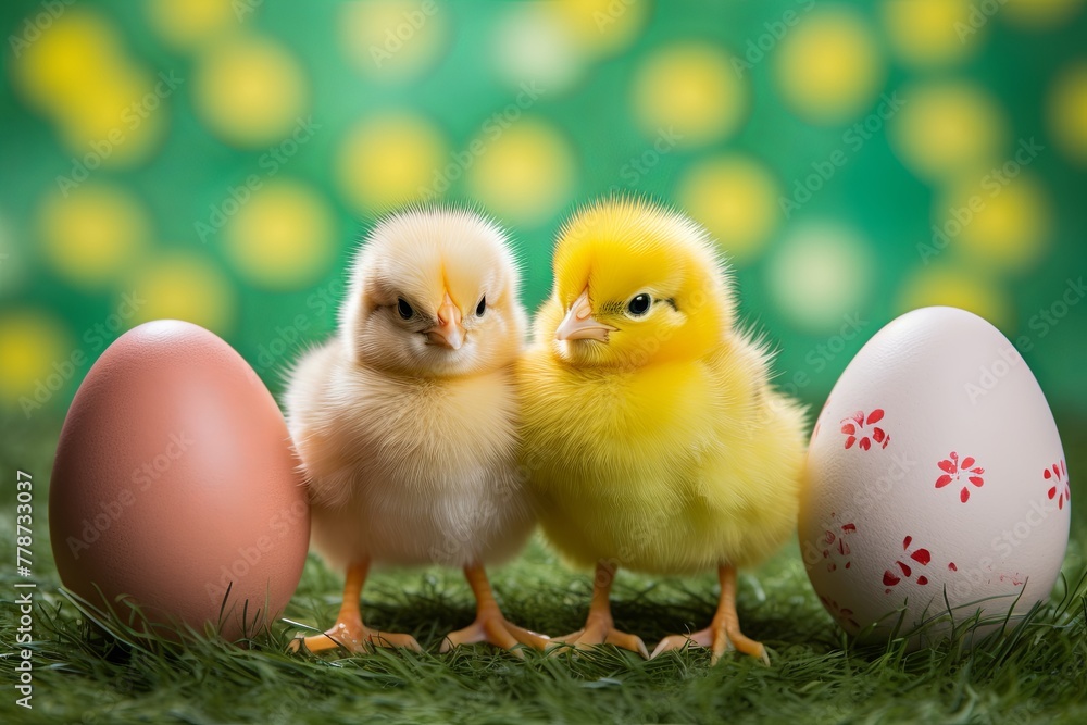 Easter eggs in a row with chickens on a green background. copy space
