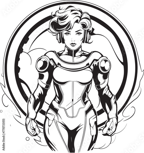 Nova Crusader Futuristic Female Superhero Icon Techno Valkyrie Vector Logo with Sci Fi Heroine