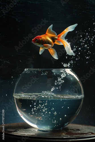 A goldfish jumps out of an aquarium. Creative thinking. Concept of Freedom, Ideas. Vertical Frame. copy space photo