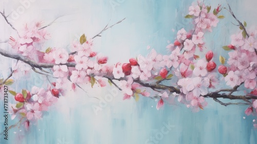 Spring summer cherries flower background banner panorama - Abstract oil acrylic painting of blooming cherry, leaves, branch on canvas (7)