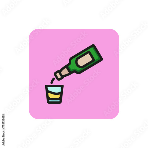 Icon of pouring alcohol beverage. Glass, bottle, whiskey. Whiskey and bar concept. Can be used for topics like menu, restaurant, party. © SurfupVector