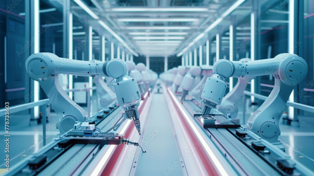 Electronics Factory Assembly Line Digitalization with Automated Robot Arms and AI Computer Vision - Managers Oversee Advanced Equipment Manufacturing and Conveyor Line Analysis