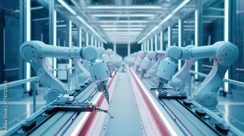 Electronics Factory Assembly Line Digitalization with Automated Robot Arms and AI Computer Vision - Managers Oversee Advanced Equipment Manufacturing and Conveyor Line Analysis