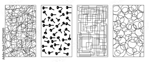 Patron de vector de diseño abstracto con texturas. Vector de garabatos, cuadrados, círculos y llaves de textura. Patron formas irregulares para imprimir.
