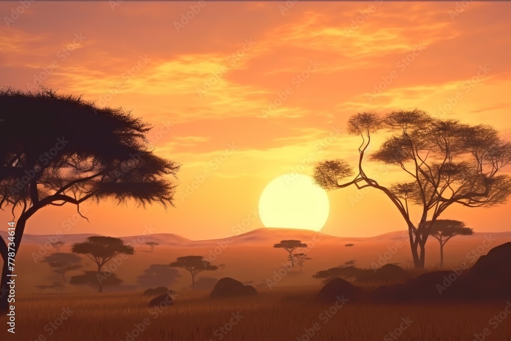 Nature in Africa day, landscape against the backdrop of the rising sun. Wild animals in the thickets. AI generated.