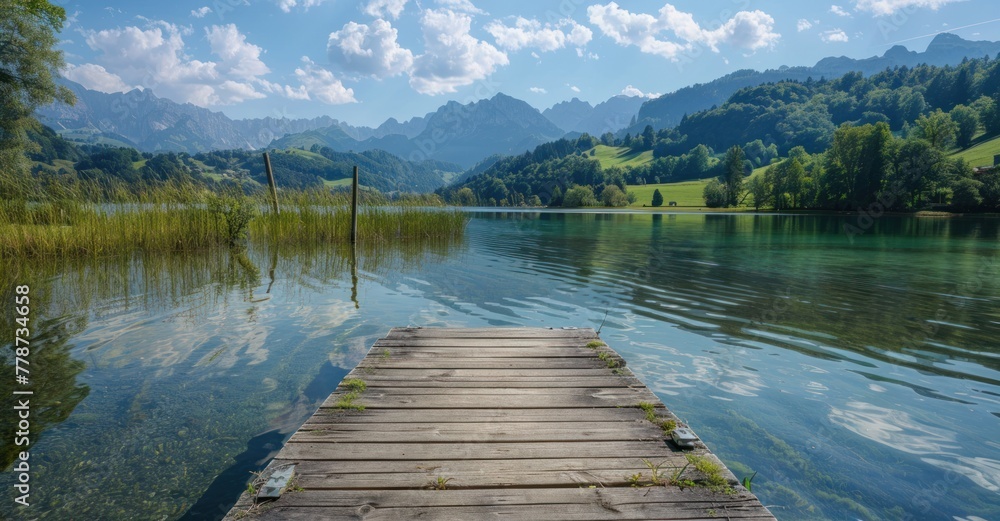 Tranquil Waters: Countryside Lake Mirroring Sunlit Mountains, Wooden Dock Amid Serene Beauty