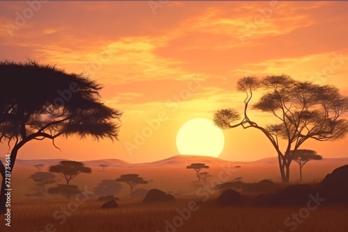 Nature in Africa day  landscape against the backdrop of the rising sun. Wild animals in the thickets. AI generated.
